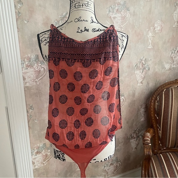 FREE PEOPLE SOUL OF THE SUN MIX PRINT SLEEVELESS BODY SUIT LARGE ORANGE COMBO - Picture 6 of 7